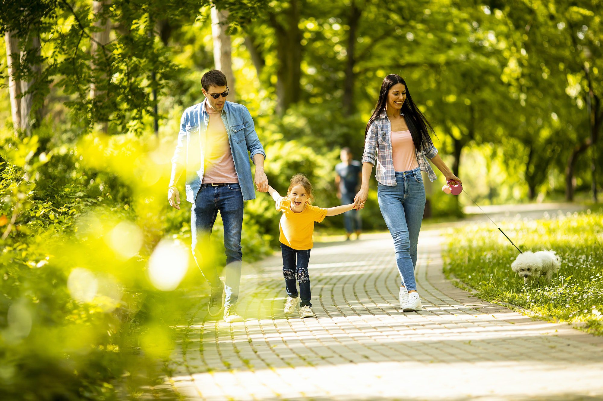 Happy family with cute bichon dog in the park